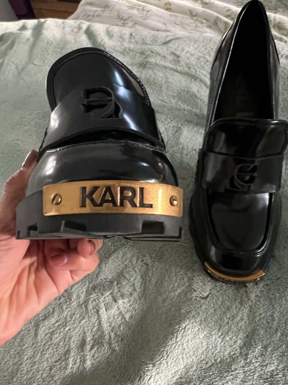 Karl Lagerfeld Black Patent Loafers with Tan Toe Accent - Picture 7 of 12